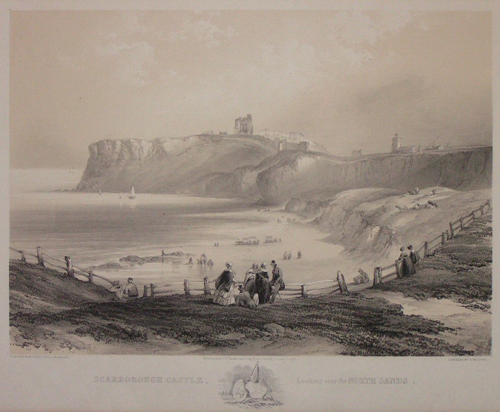 Lithograph - Scarborough Castle looking over the North Sands - Hawkins
